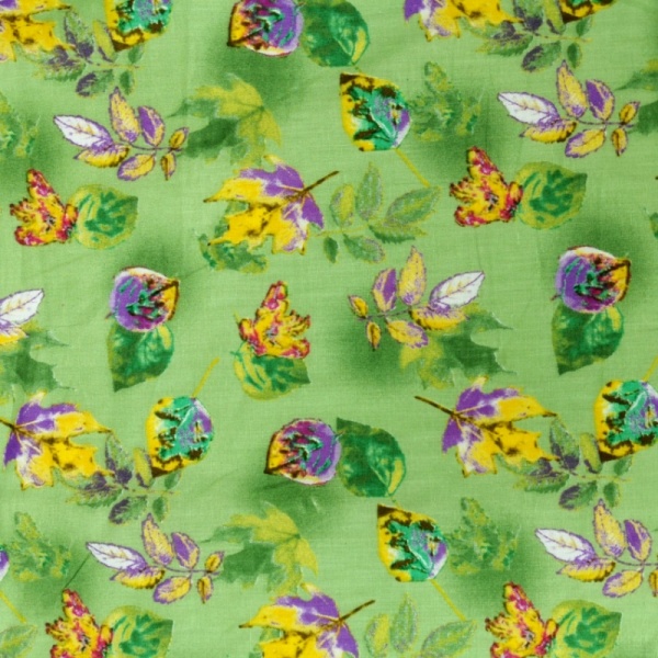 Printed Egyptian Cotton - Lilac and Yellow Autumn Leaves on Green